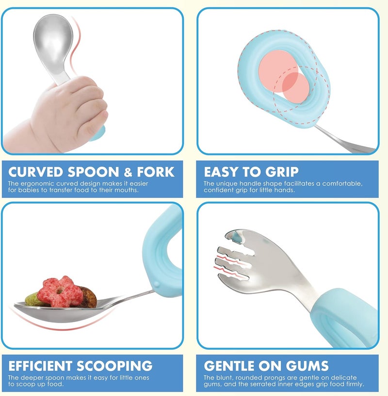 MR. CHOU Suction Baby Bowl Set with Spoon & Fork, Double-Wall 18/8 Stainless Steel Toddler Bowls with BPA Free Airtight Lids, Food Grade Infant Self-Feeding Bowl, First Stage Led Weaning Supplies Blue - Image 3